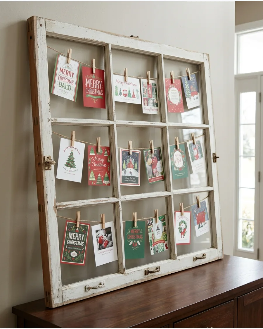 32. Vintage Window Christmas Card Display