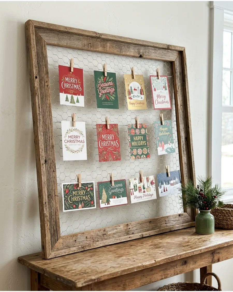 34. Chicken Wire Frame Christmas Card Display