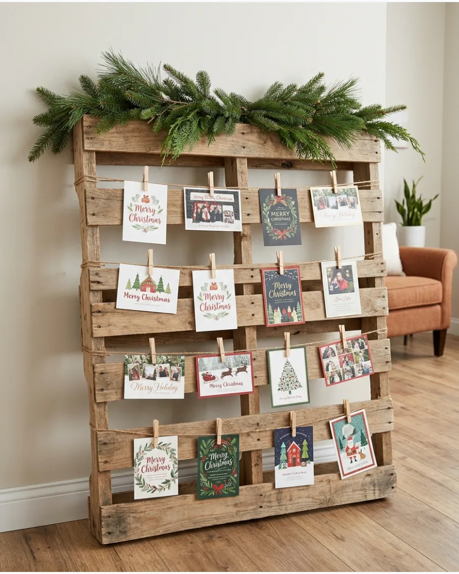 35. Rustic Pallet Christmas Card Display