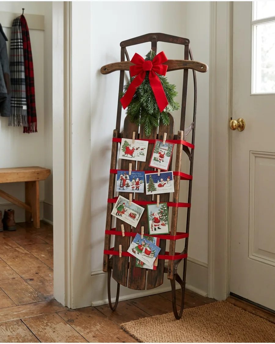 37. Vintage Sled Christmas Card Display