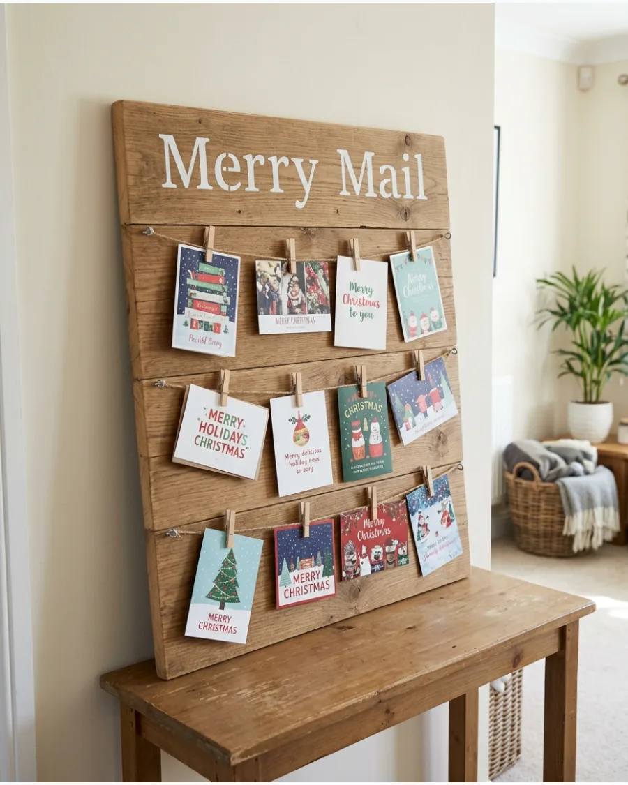 39. Rustic Wood Board Merry Mail Display