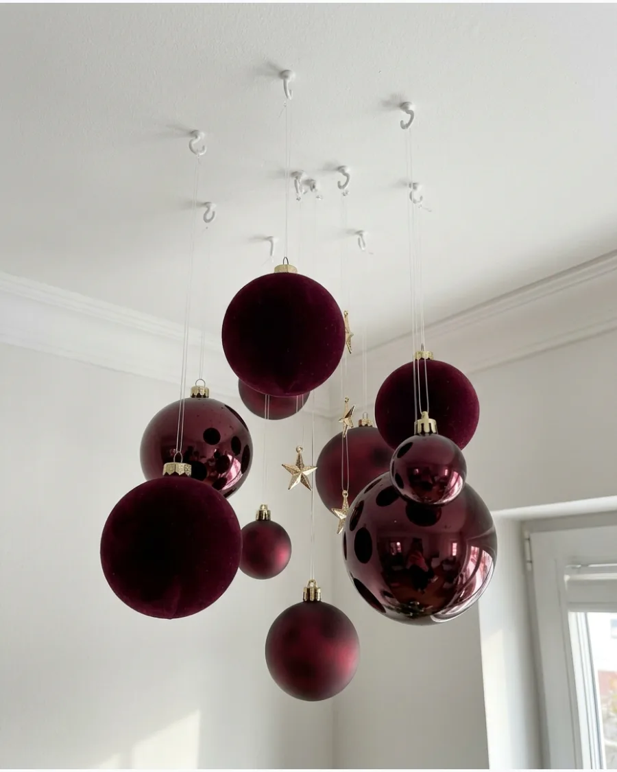3. Burgundy Christmas Ornament Ceiling