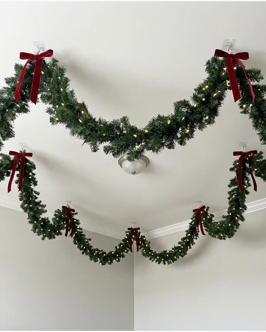 31. Evergreen Garland Draped Across the Ceiling