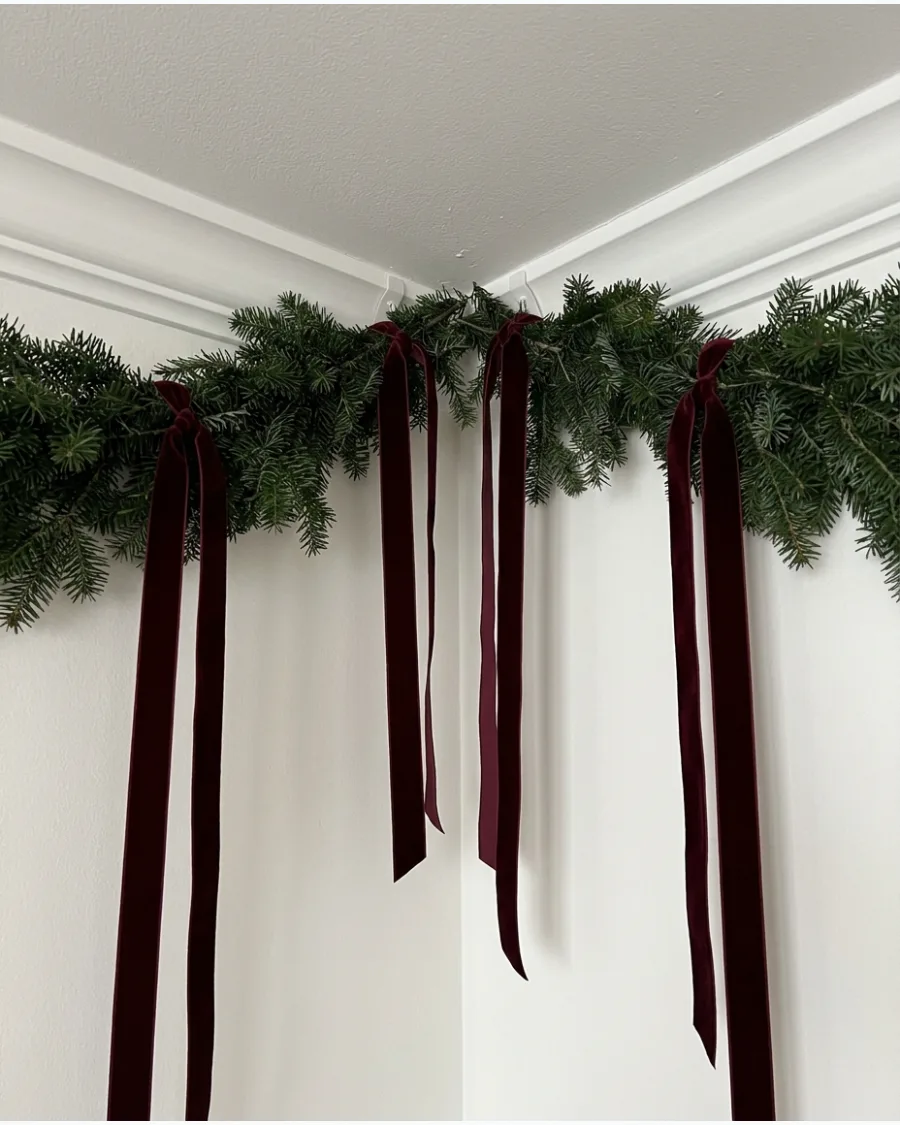 36. Greenery and Burgundy Ribbon Ceiling