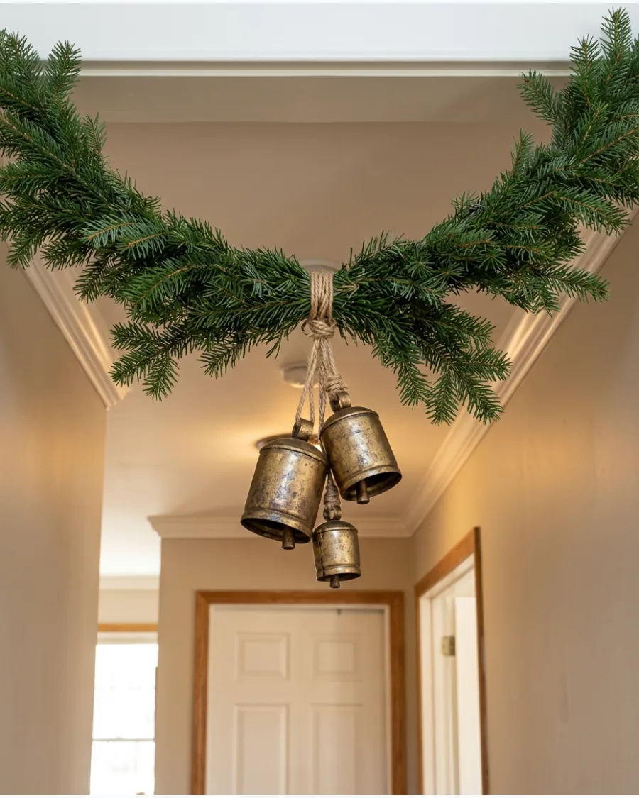 37. Greenery and Brass Bell Ceiling Decor