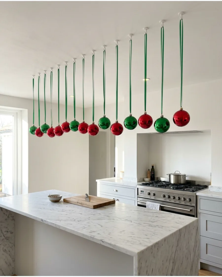 9. Floating Christmas Ornaments Above a Kitchen Island