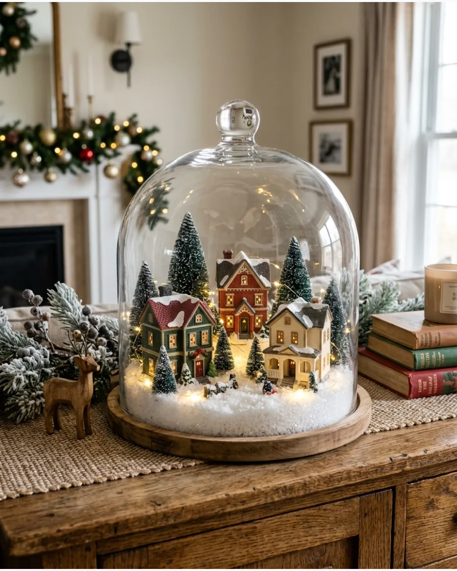 1. Mini Christmas Village Under a Cloche