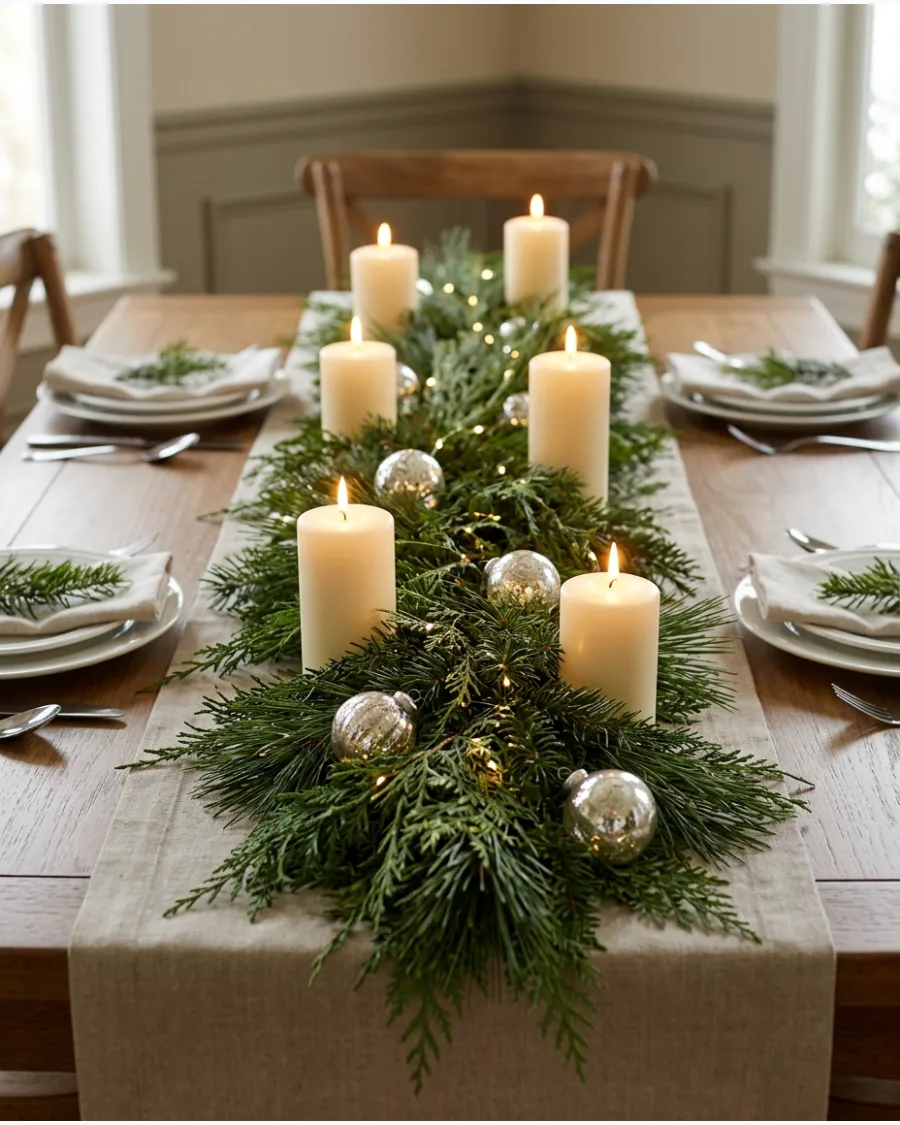 16. Evergreen Garland Christmas Table Centerpiece