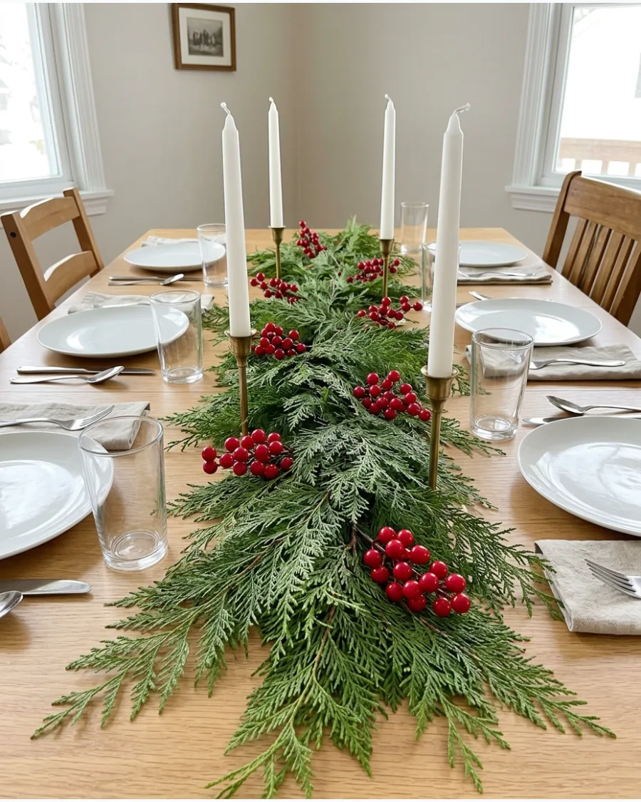17. Cedar and Red Berry Christmas Tablescape