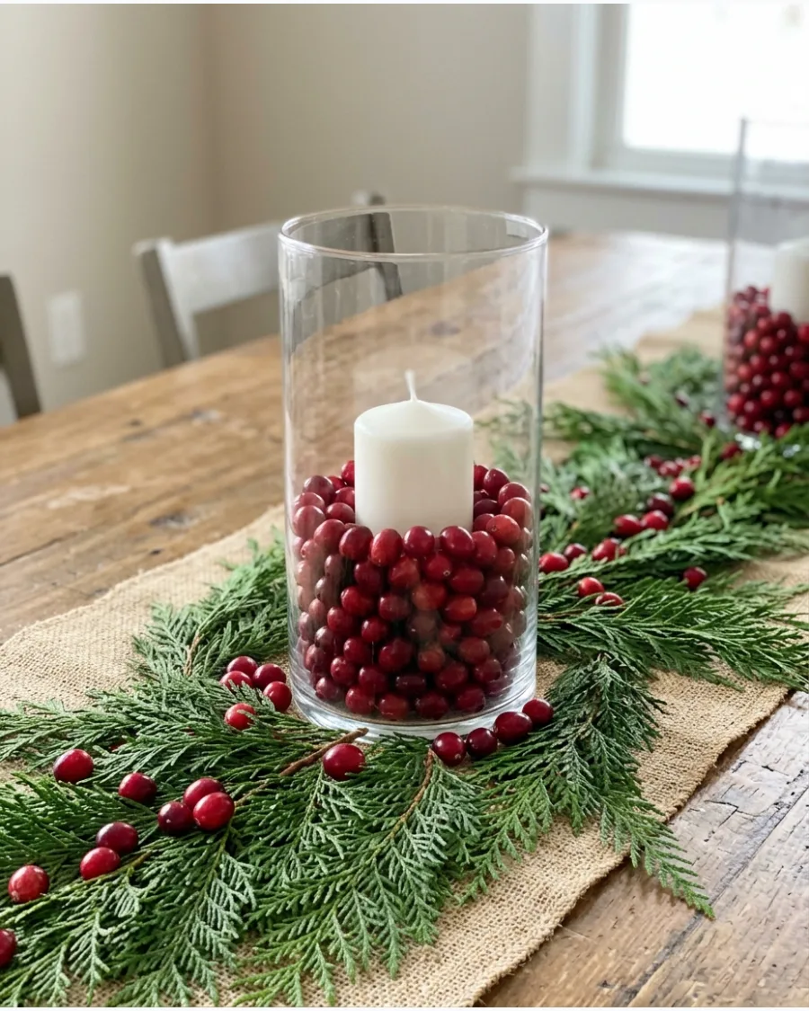 30. Cranberry and Candle Christmas Centerpiece