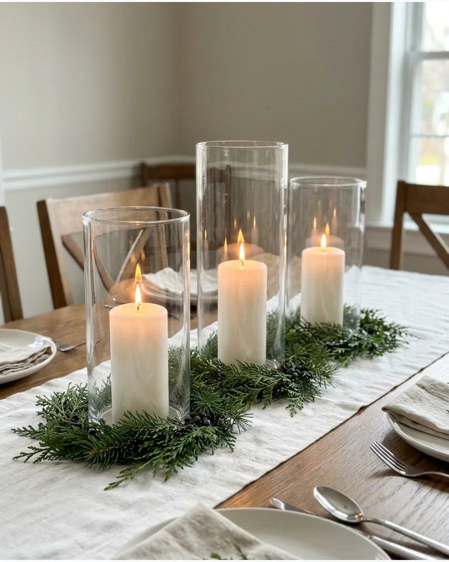 31. Glass Hurricane Candle Christmas Table