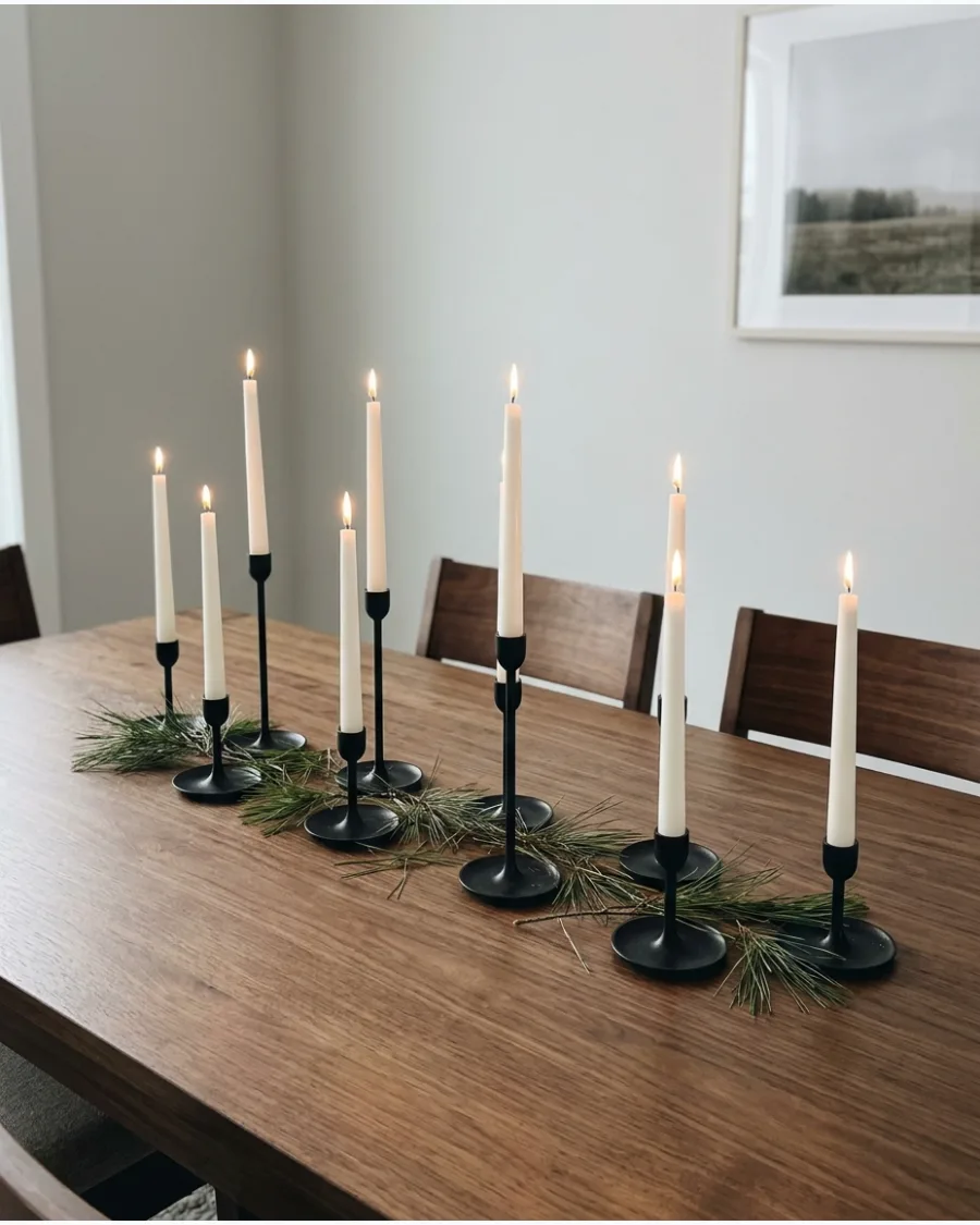 32. Mixed-Height Taper Candle Christmas Table