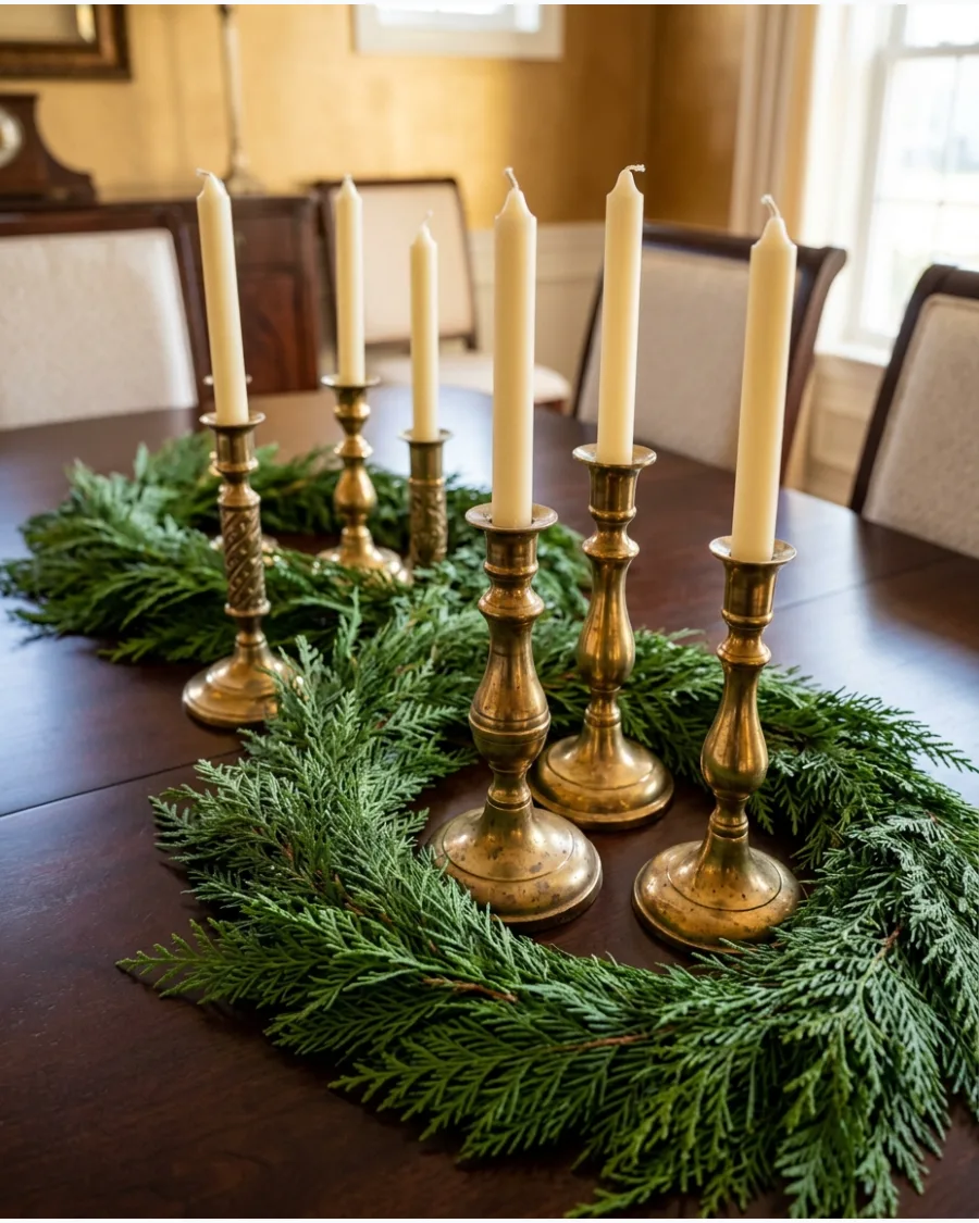 33. Brass Candlestick Christmas Tablescape
