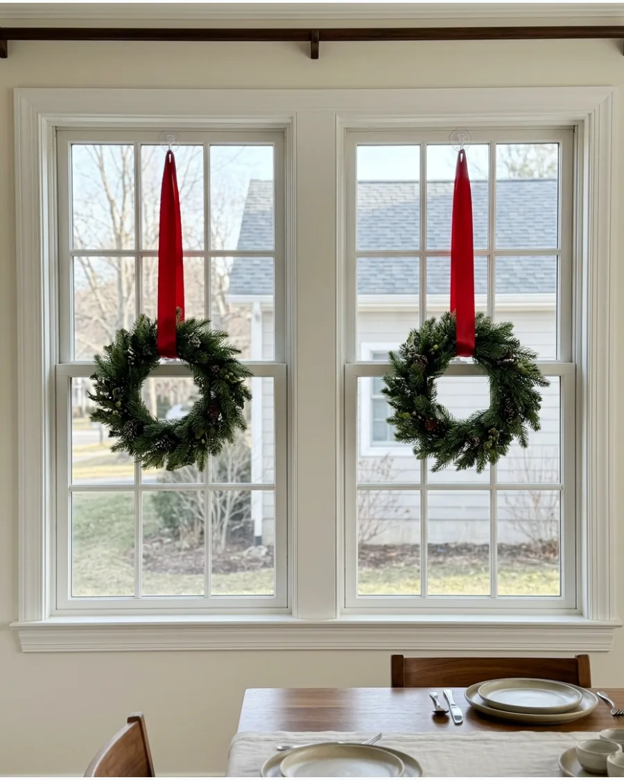 40. Matching Christmas Wreaths on Dining Room Windows