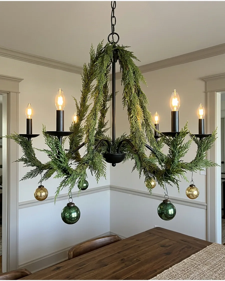 41. Greenery-Wrapped Christmas Chandelier
