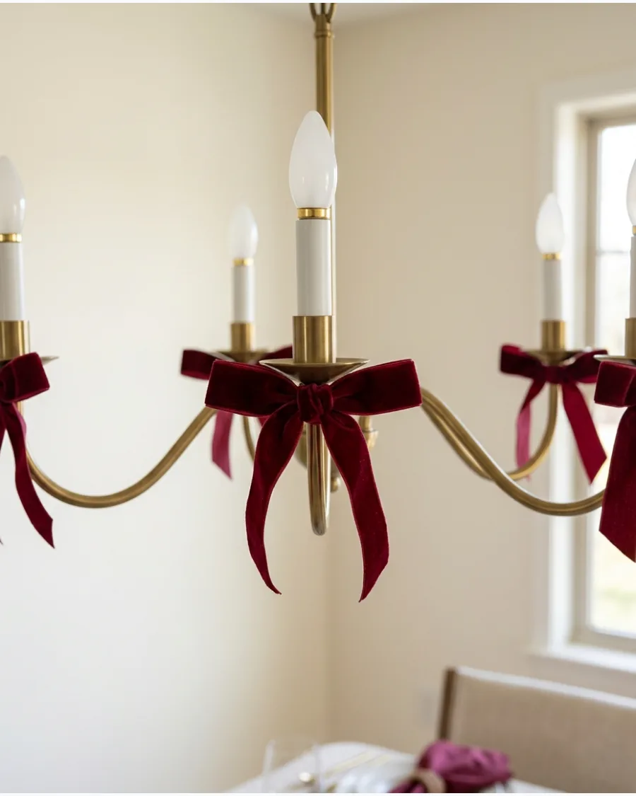 42. Christmas Bows on the Dining Room Chandelier
