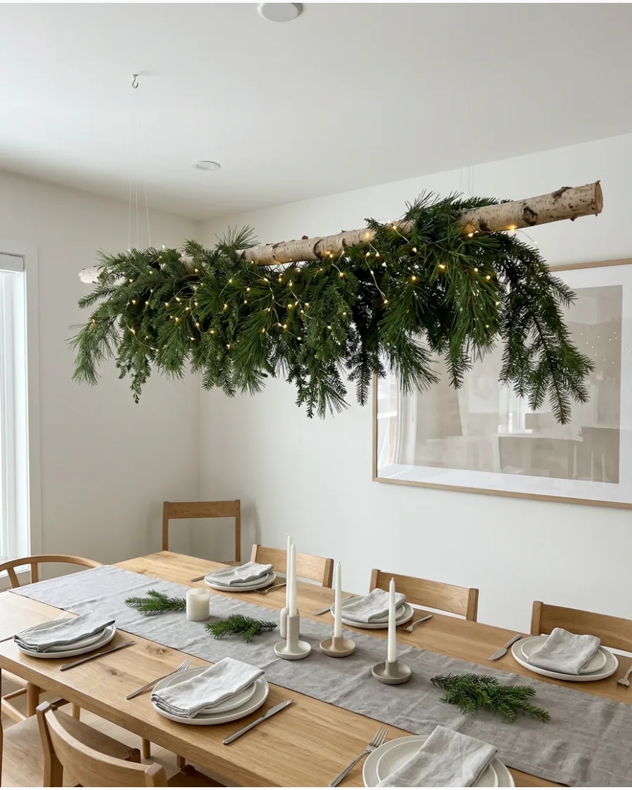43. Hanging Christmas Greenery Above the Dining Table