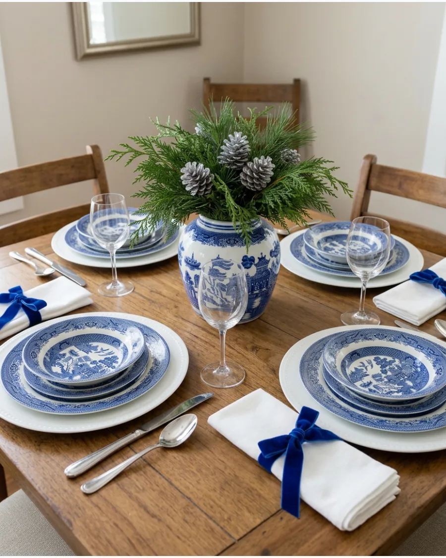 6. Blue and White Christmas Dining Room