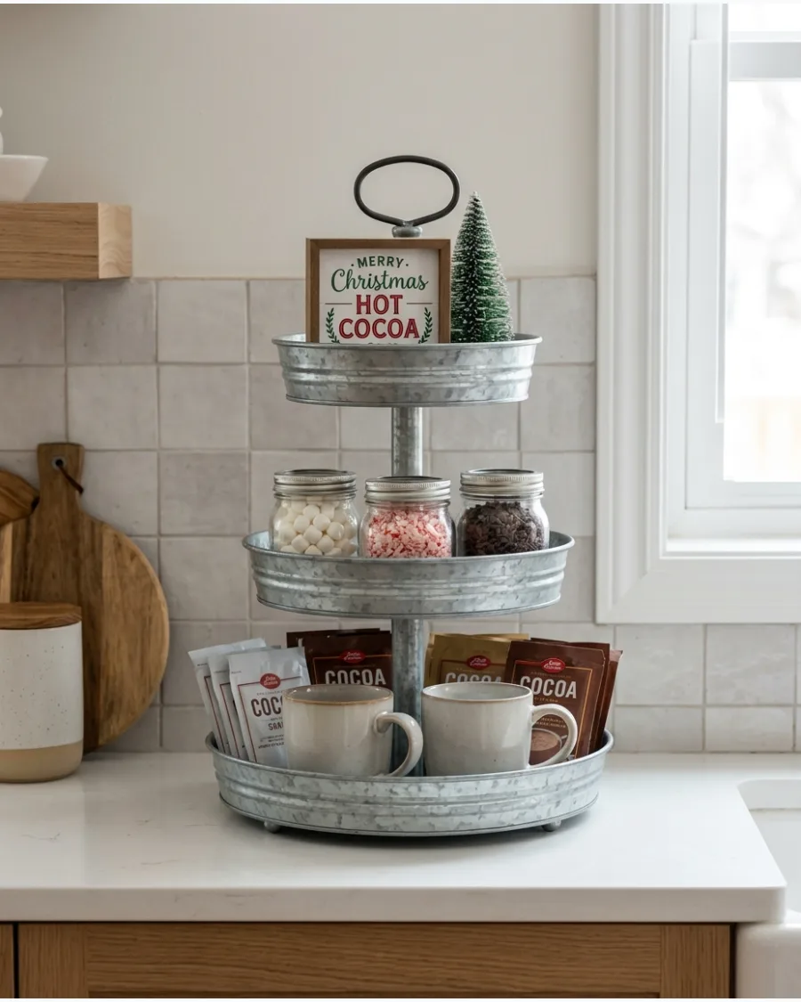 14. Christmas Tiered Tray Hot Cocoa Bar