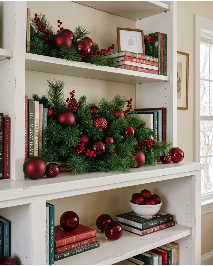 1. Classic Red and Green Christmas Shelf