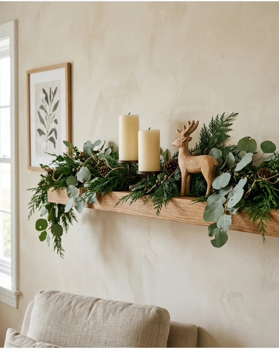 18. Eucalyptus and Evergreen Christmas Shelf