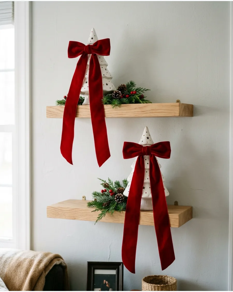 2. Red Velvet Bow Christmas Shelf
