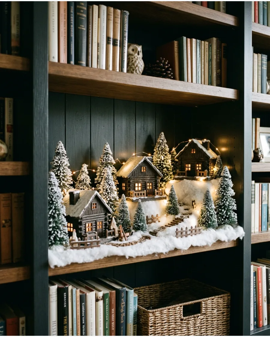 20. Mini Christmas Cabin Shelf Scene