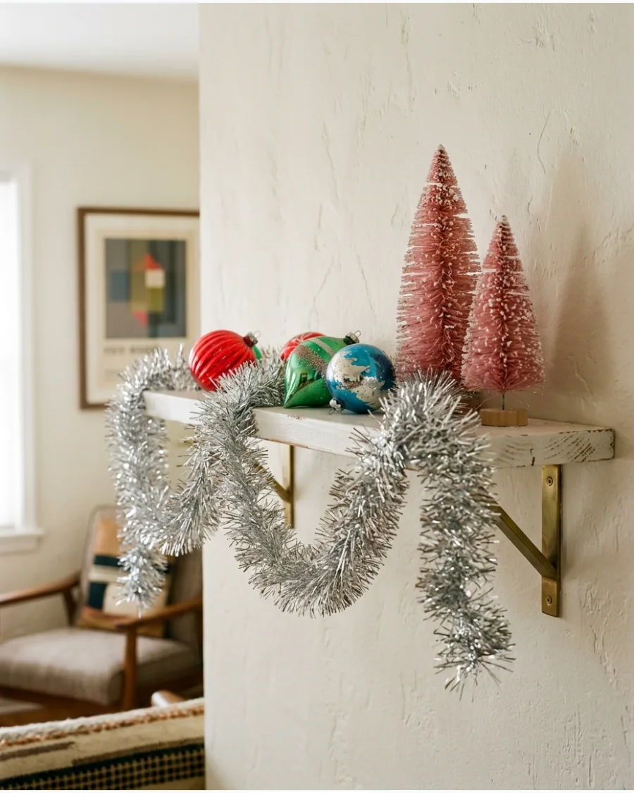 23. Retro Tinsel Christmas Shelf