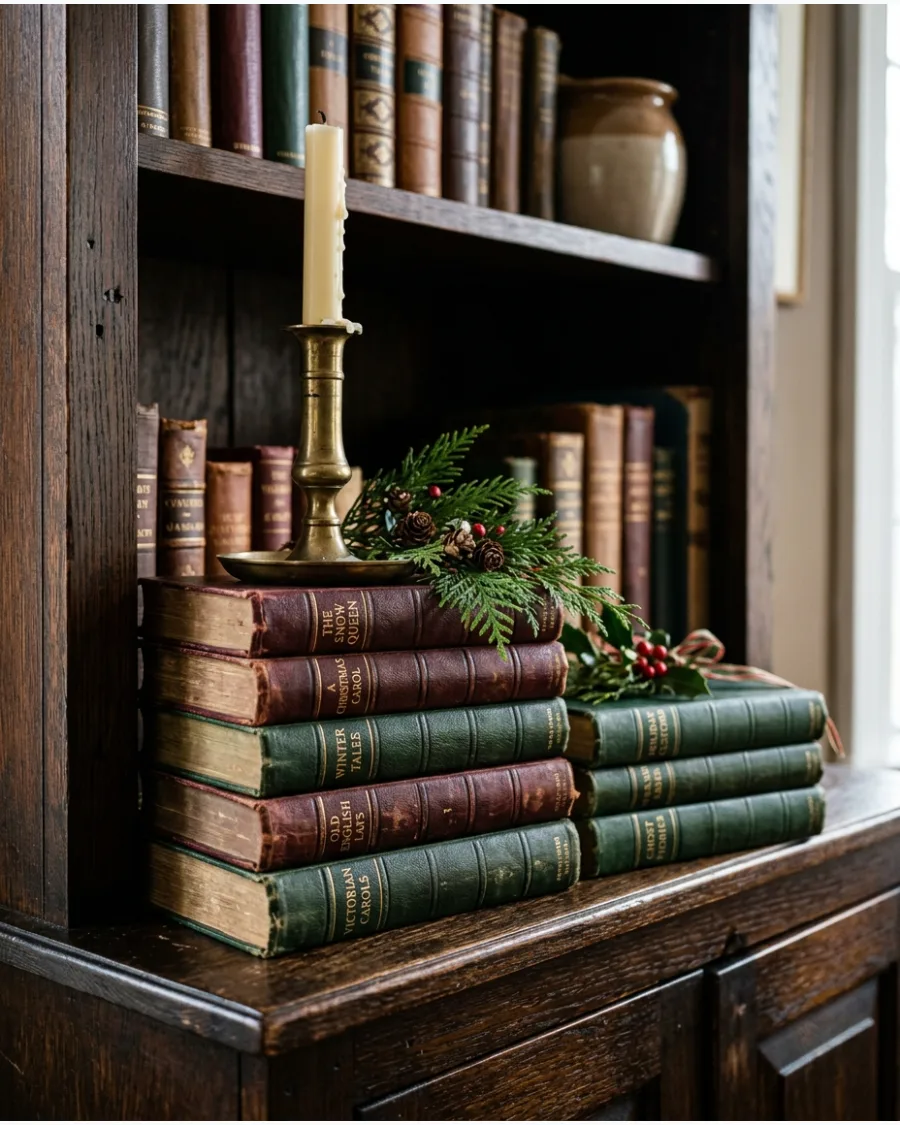 25. Antique Book Christmas Shelf