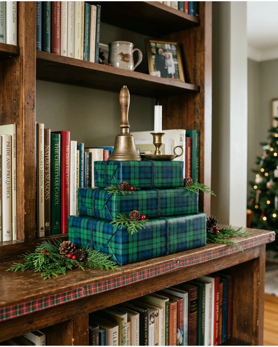 3. Plaid and Tartan Christmas Shelf