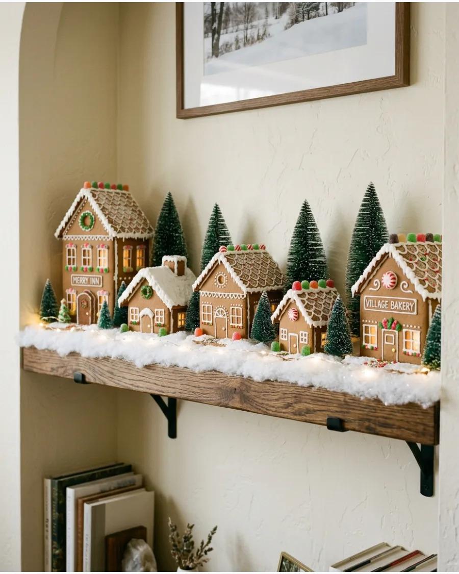 31. Gingerbread Christmas Village Shelf
