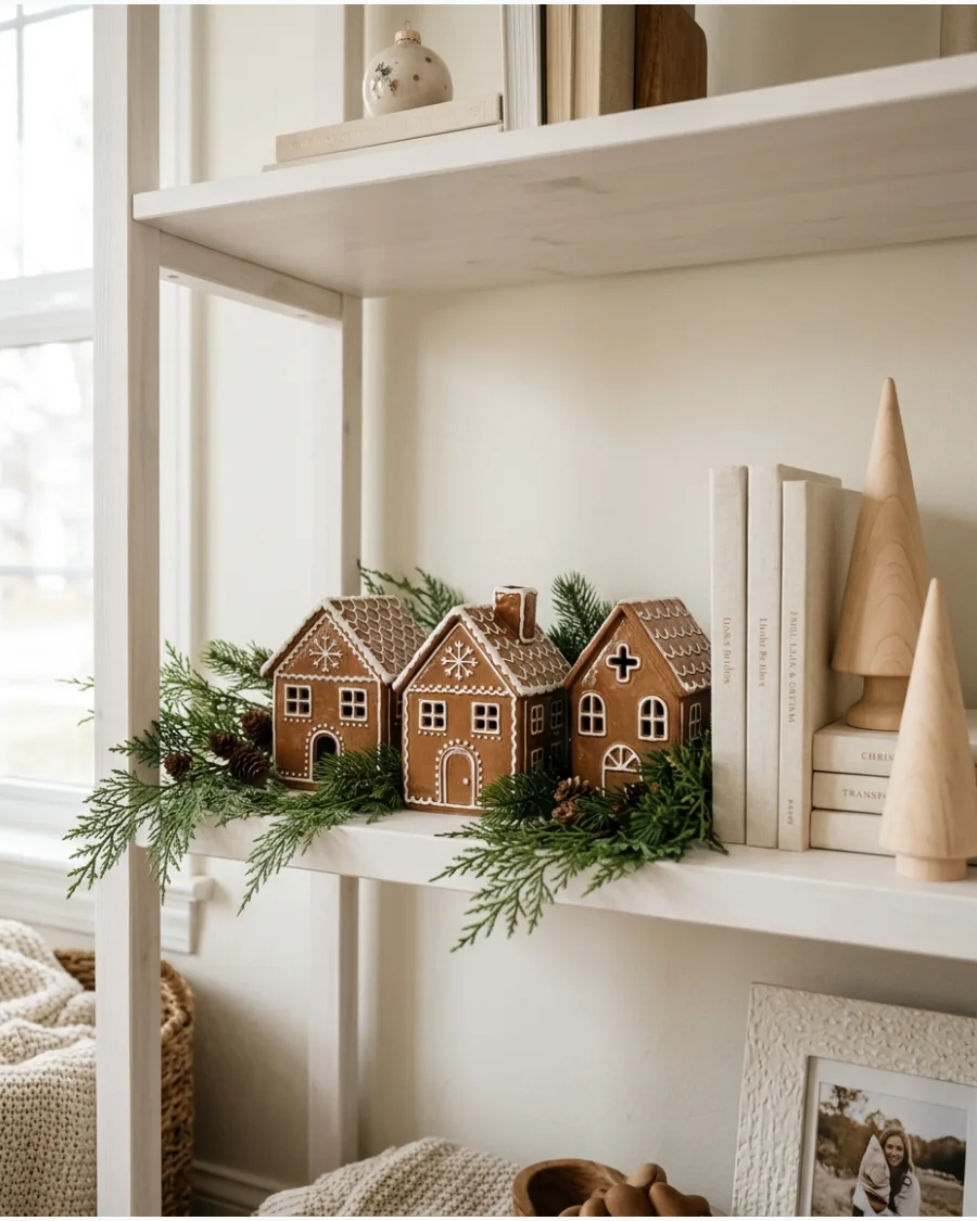 32. Neutral Gingerbread Christmas Shelf