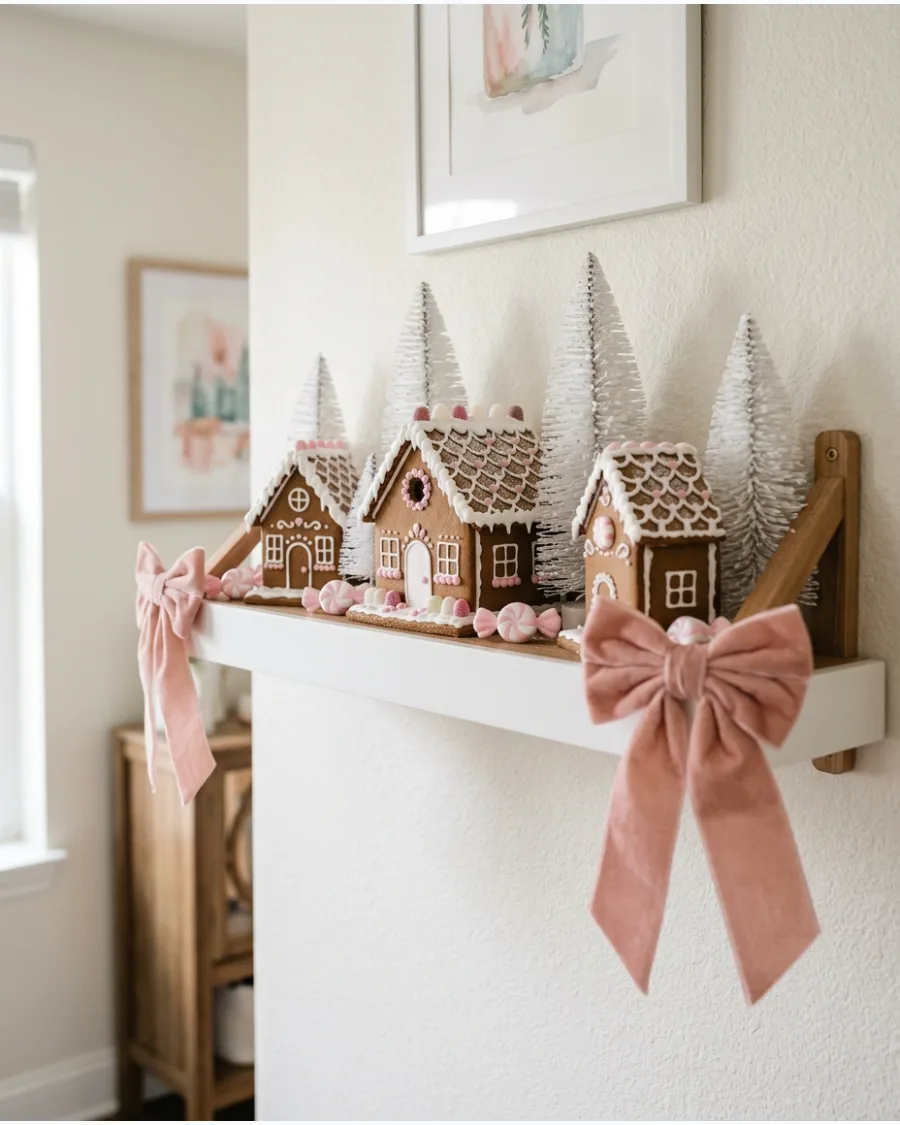 37. Pink Gingerbread Christmas Shelf