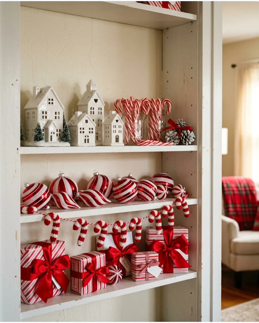 38. Red and White Candy Christmas Shelf