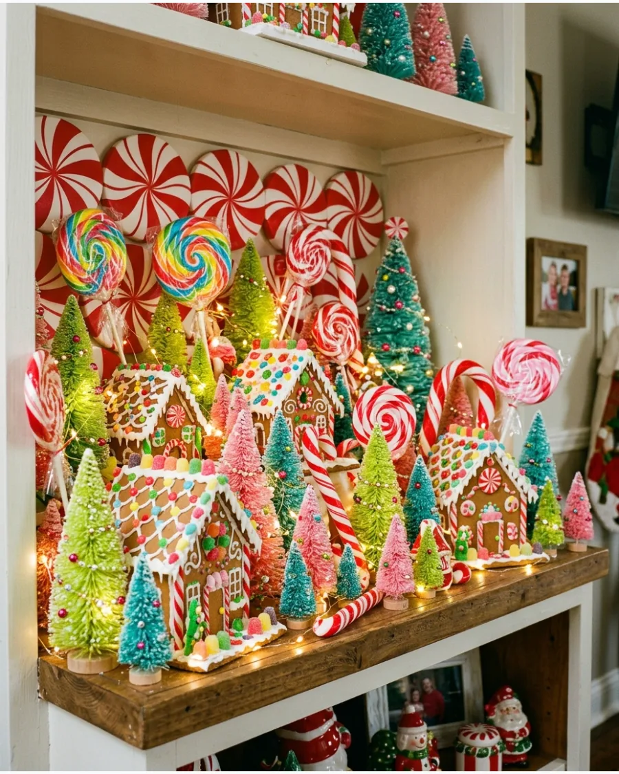 40. Maximalist Candyland Christmas Shelf