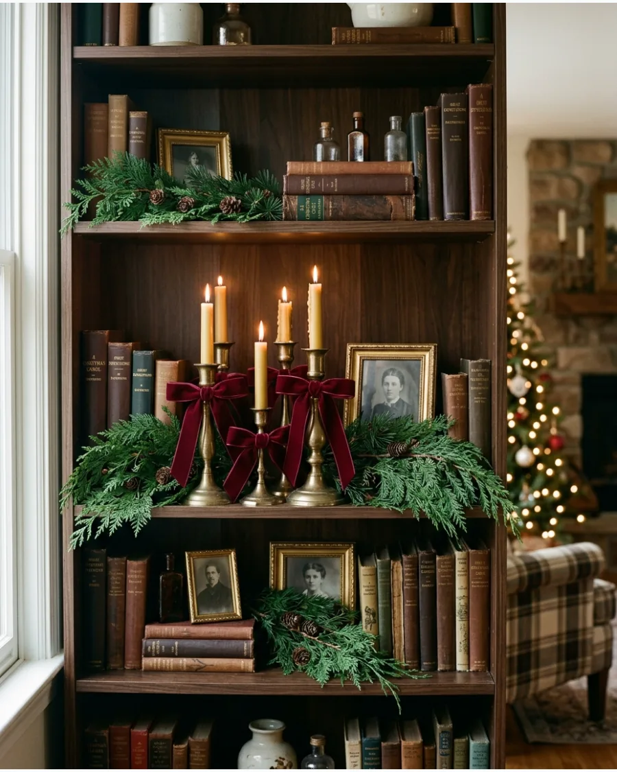 41. Burgundy and Hunter Green Christmas Shelf