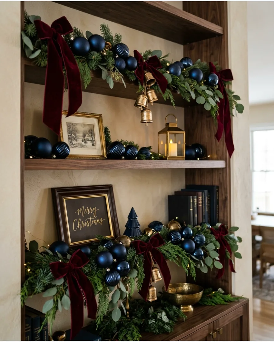 43. Navy, Burgundy, and Gold Christmas Shelf