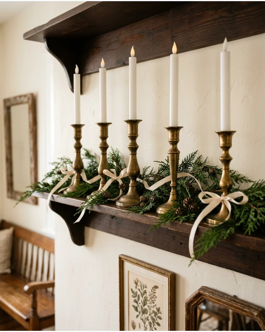 49. Antique Brass Candlestick Christmas Shelf