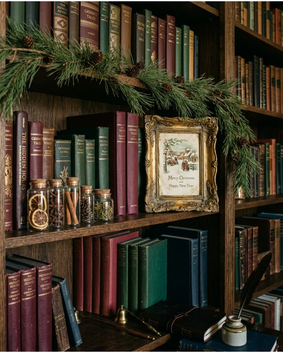 50. Dark Academia Christmas Bookshelf