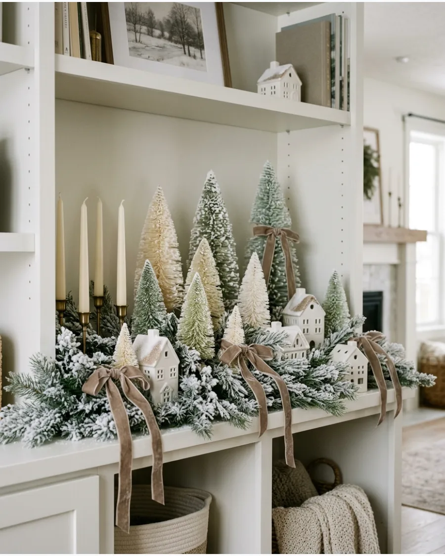 55. Frosted Neutral Christmas Shelf