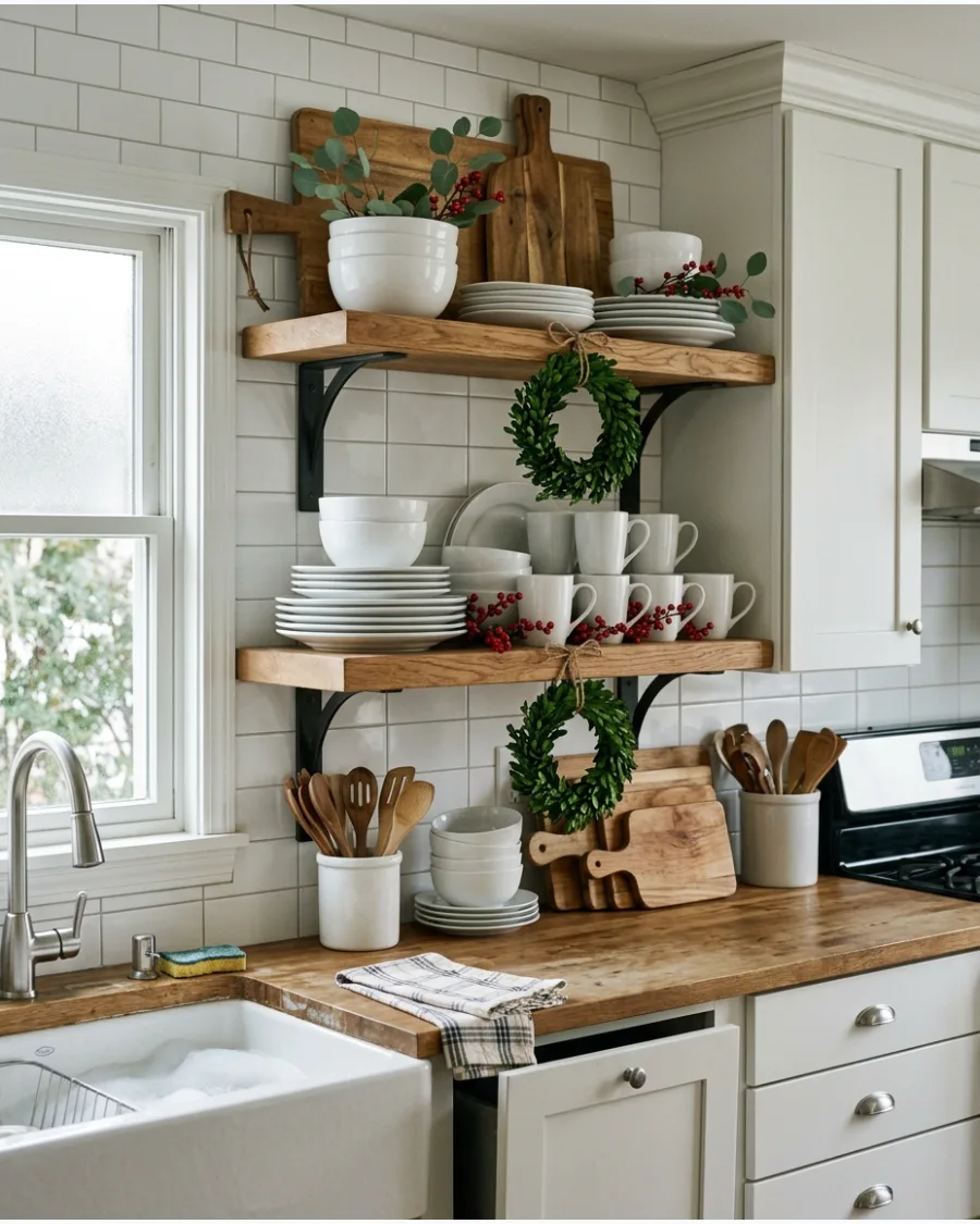 61. Farmhouse Christmas Open Shelf