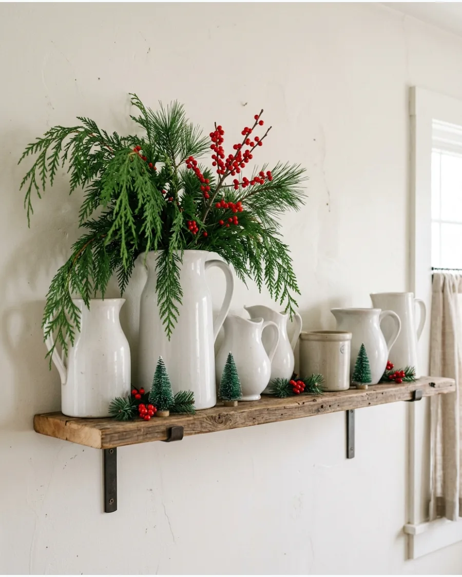 64. White Pitcher and Evergreen Shelf