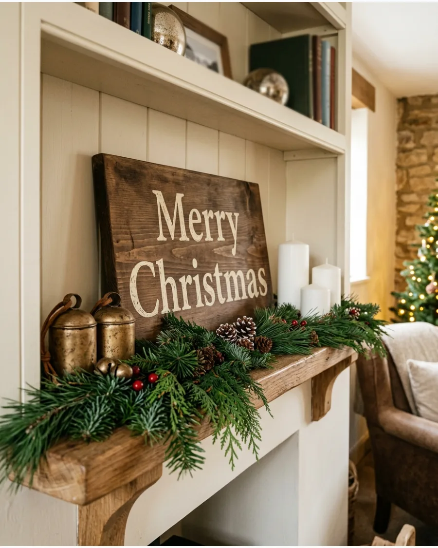 65. Rustic Christmas Sign Shelf
