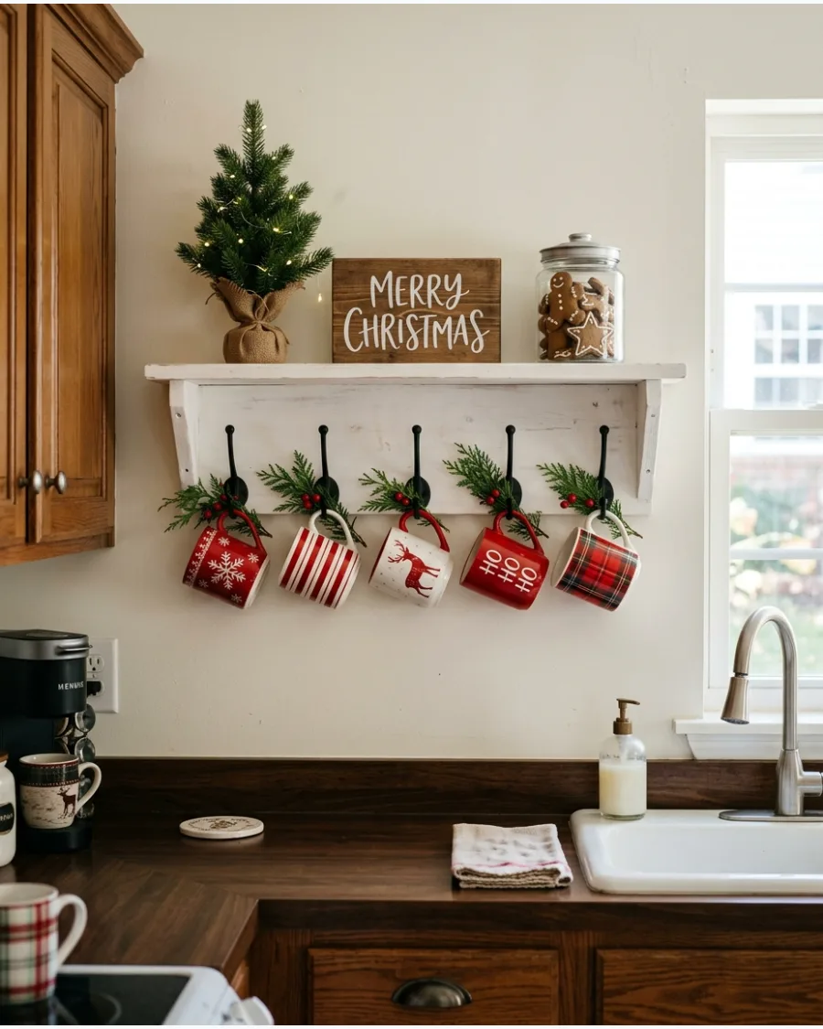 69. Farmhouse Christmas Mug Shelf