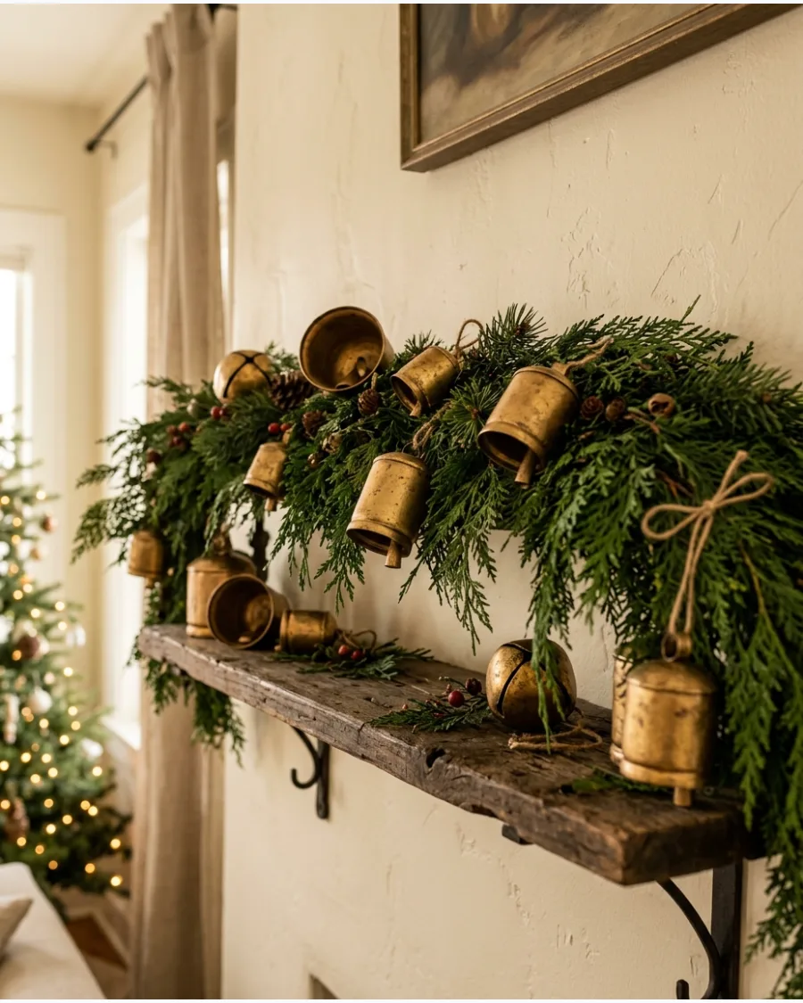 7. Brass Bells and Christmas Greenery Shelf