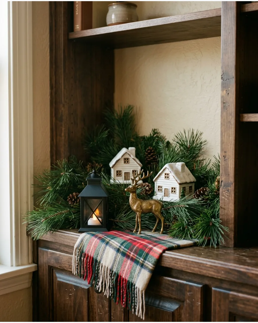 70. Cozy Christmas Cabin Shelf