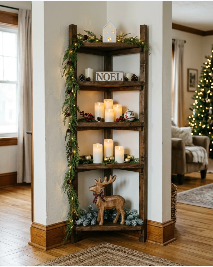 75. Christmas Corner Shelf Decor