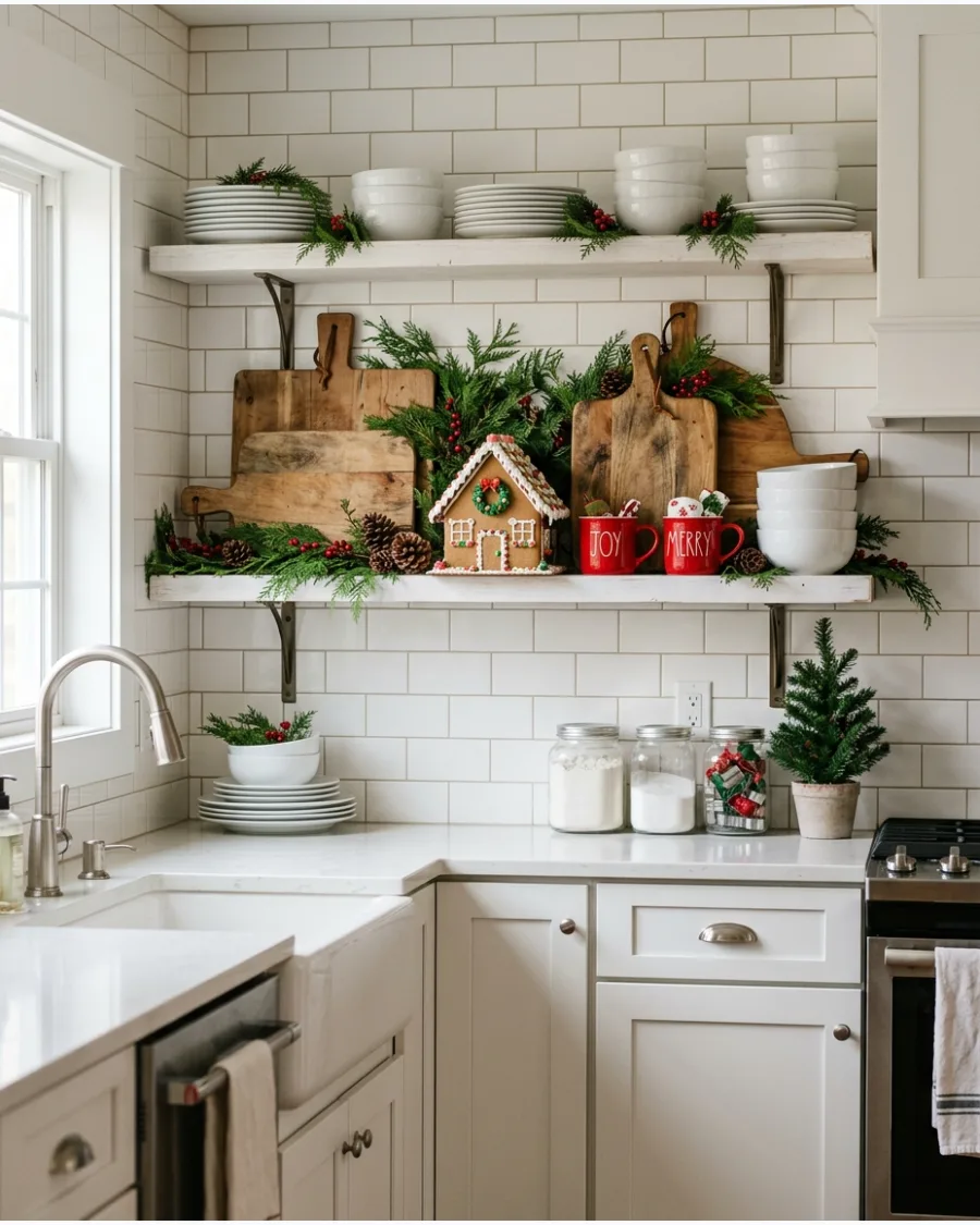 76. Christmas Kitchen Open Shelf Decor