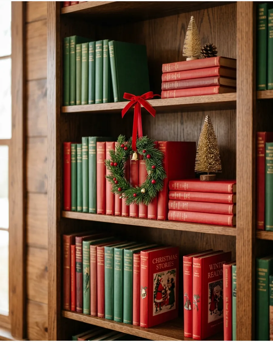 8. Red Christmas Bookshelf Styling