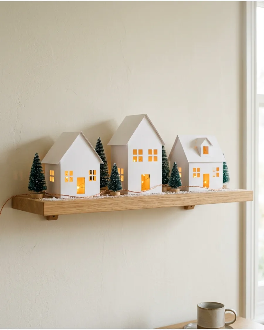 82. DIY Paper Christmas House Shelf